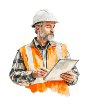 Mature caucasian male construction worker with tablet and safety gear png