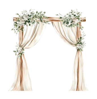 Elegant floral wedding arch with draped fabric and rose decorations png