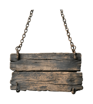 Rustic hanging wooden sign with metal chains for vintage decor png