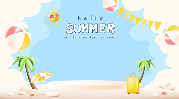 Colorful 3D summer beach scene with palm trees, suitcase, beach ball, and sun in pastel cartoon style. Perfect for holiday, travel, promotion, and product display designs. vector