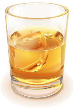 Golden amber liquor drink in a short tumbler glass with ice. png