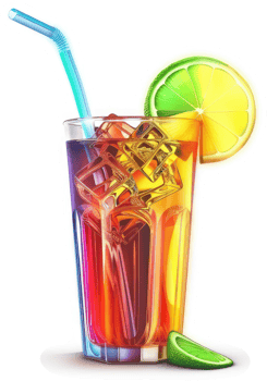 Vibrant multicolored iced cocktail with lime garnish. png