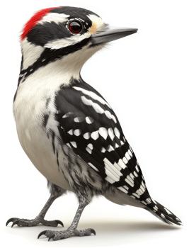 A woodpecker displays its distinctive black and white plumage. png