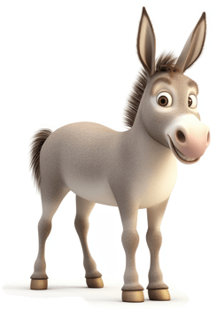 Cartoon donkey character, smiling and alert. png