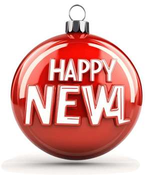 Sparkling red ornament wishing a happy new year. png