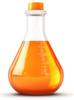 Orange liquid fills a clear, graduated Erlenmeyer flask. png