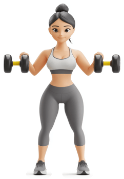 Animated female figure performs a bicep curl exercise. png