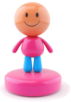 Smiling, cartoonish character stands on a pink base. png