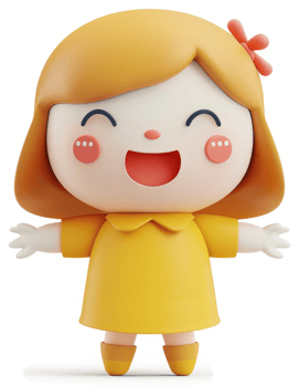 Cheerful cartoon girl character in a bright yellow dress. png