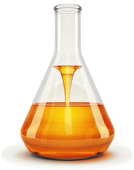 Transparent glass flask filled with an amber liquid. png
