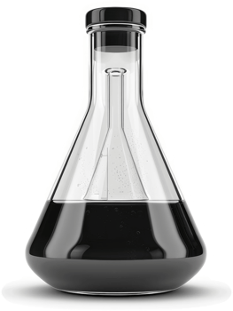 Dark liquid fills a laboratory flask. png