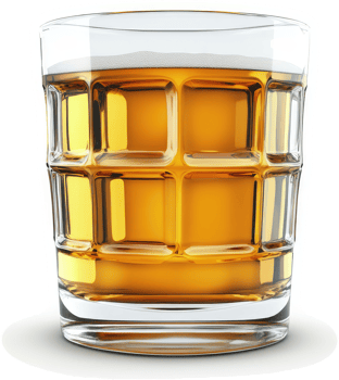 Full shot of a light amber liquid in a patterned glass. png