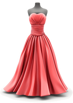 Elegant coral-colored formal gown displayed on a mannequin. png