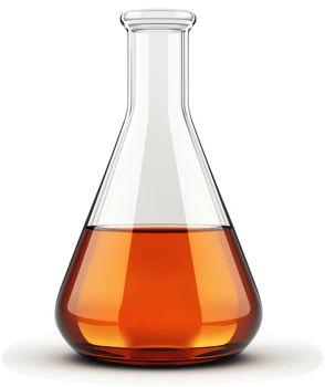 Clear glass flask filled with amber liquid. png