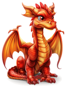 Fiery, cartoon dragon with outstretched wings. png