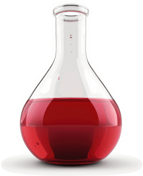 Transparent glass flask filled with red liquid. png
