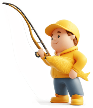 Cheerful cartoon fisherman holds a fish and fishing rod. png