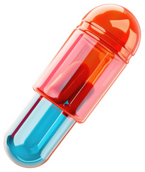 Vibrant, translucent capsule filled with two red pills. png