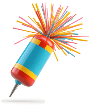 Colorful, cylindrical toy projectile with radiating streamers. png