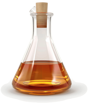 Transparent amber liquid in a conical flask with a cork stopper. png