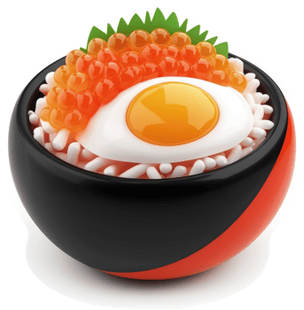 Vibrant bowl of rice topped with salmon roe and egg. png