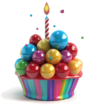 Colorful cupcake with gumdrop decorations and a lit candle. png
