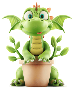 Cute green dragon in a terracotta pot with plants. png