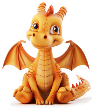 A cheerful, golden dragon character sits, displaying friendly features. png