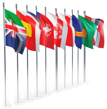 International flags of various nations displayed on flagpoles. png