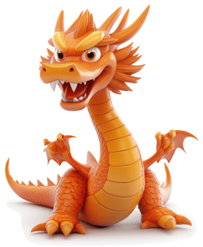 A cartoonish, orange dragon character, displays a fierce expression. png