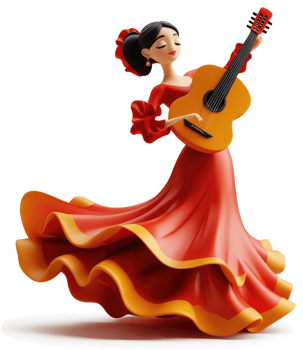 A charming depiction of a flamenco dancer playing a classical guitar. png