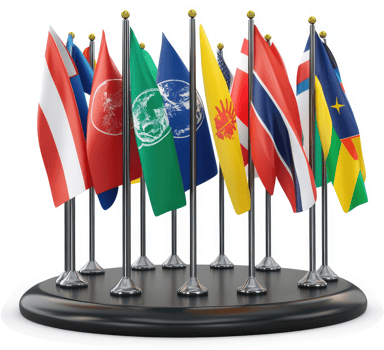 Global flags arranged on a round stand, representing international cooperation. png