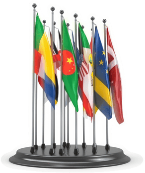 Multiple national flags displayed on flagpoles, arranged on a circular base. png