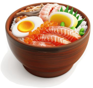 Colorful japanese rice bowl filled with seafood and vegetables. png