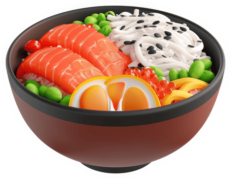 Vibrant colorful bowl of japanese food with salmon. png