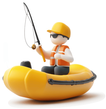 Cartoon fisherman enjoys a day on a yellow inflatable boat. png