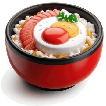 A vibrant bowl of japanese rice dish with egg and seafood. png