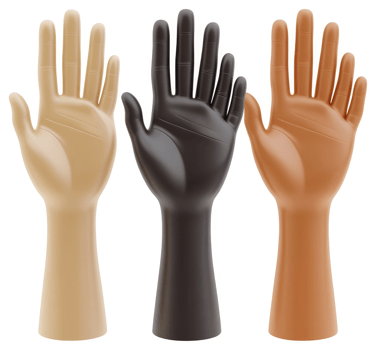 Three hands raised in solidarity, representing diverse ethnicities. png