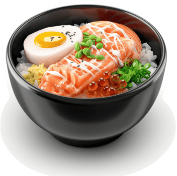 Delicious salmon bowl with rice, egg, and caviar. png