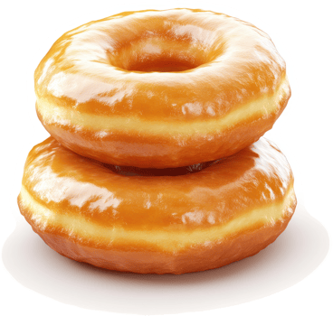 Two glazed donuts stacked atop one another. png