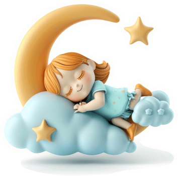 A cheerful girl sleeps peacefully nestled in a soft cloud beneath a crescent moon. png