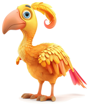 Cheerful, cartoonish yellow bird with feathered embellishments. png