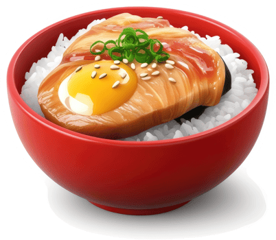 Japanese style rice bowl with teriyaki salmon and egg. png