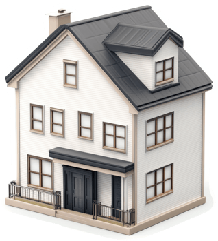 Two-story house model with a dark gray roof. png