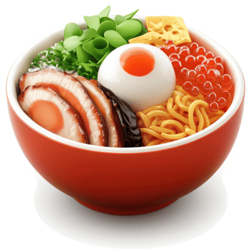 Colorful Japanese rice bowl with various ingredients. png
