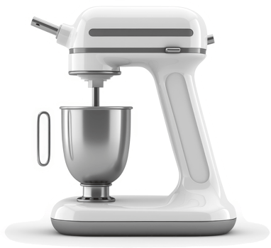 Modern white electric stand mixer with metallic bowl. png