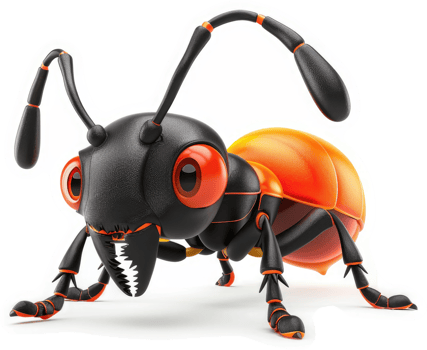 Cartoon ant with vibrant orange and black coloring. png