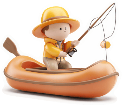 Cartoon boy fishing from an inflatable boat. png