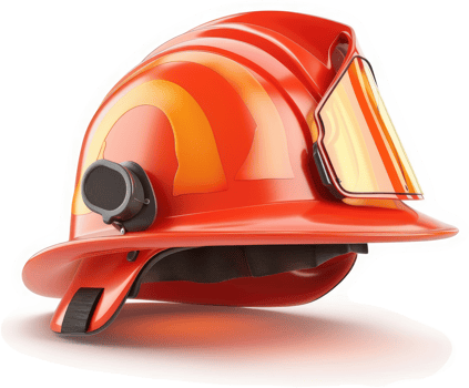 Fiery orange firefighter helmet with protective visor. png