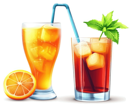 Two refreshing iced drinks, orange and cola flavored. png